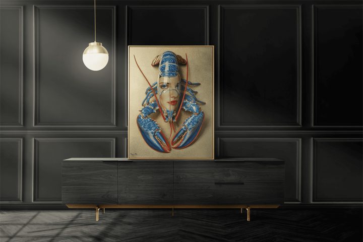 WANDBILD "Porzellan-Hummer mit künstlerischen Elementen und Gesicht – Delfter Blue Stil" – Acrylglas & Alu-Dibond | Exklusive Limitierte und Moderne Kunst | 1 von 50 Weltweit in Museumsqualität
