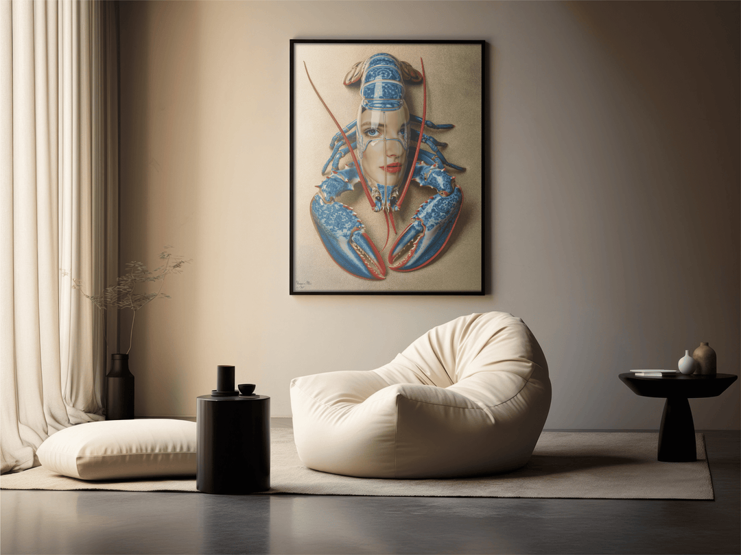WANDBILD "Porzellan-Hummer mit künstlerischen Elementen und Gesicht – Delfter Blue Stil" – Acrylglas & Alu-Dibond | Exklusive Limitierte und Moderne Kunst | 1 von 50 Weltweit in Museumsqualität