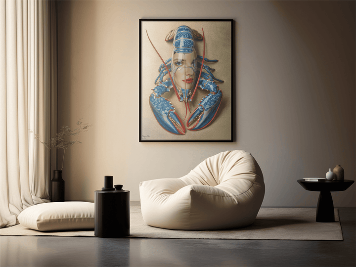 WANDBILD "Porzellan-Hummer mit künstlerischen Elementen und Gesicht – Delfter Blue Stil" – Acrylglas & Alu-Dibond | Exklusive Limitierte und Moderne Kunst | 1 von 50 Weltweit in Museumsqualität