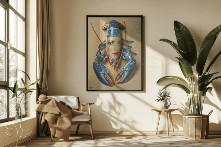 WANDBILD "Porzellan-Hummer mit künstlerischen Elementen und Gesicht – Delfter Blue Stil" – Acrylglas & Alu-Dibond | Exklusive Limitierte und Moderne Kunst | 1 von 50 Weltweit in Museumsqualität