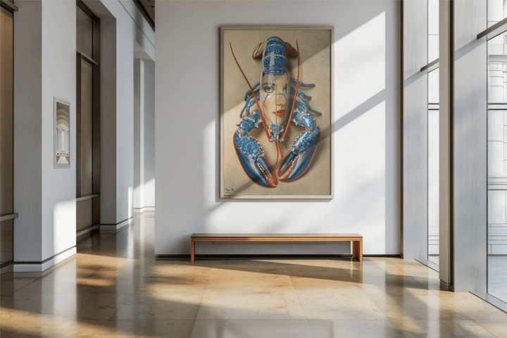 WANDBILD "Porzellan-Hummer mit künstlerischen Elementen und Gesicht – Delfter Blue Stil" – Acrylglas & Alu-Dibond | Exklusive Limitierte und Moderne Kunst | 1 von 50 Weltweit in Museumsqualität