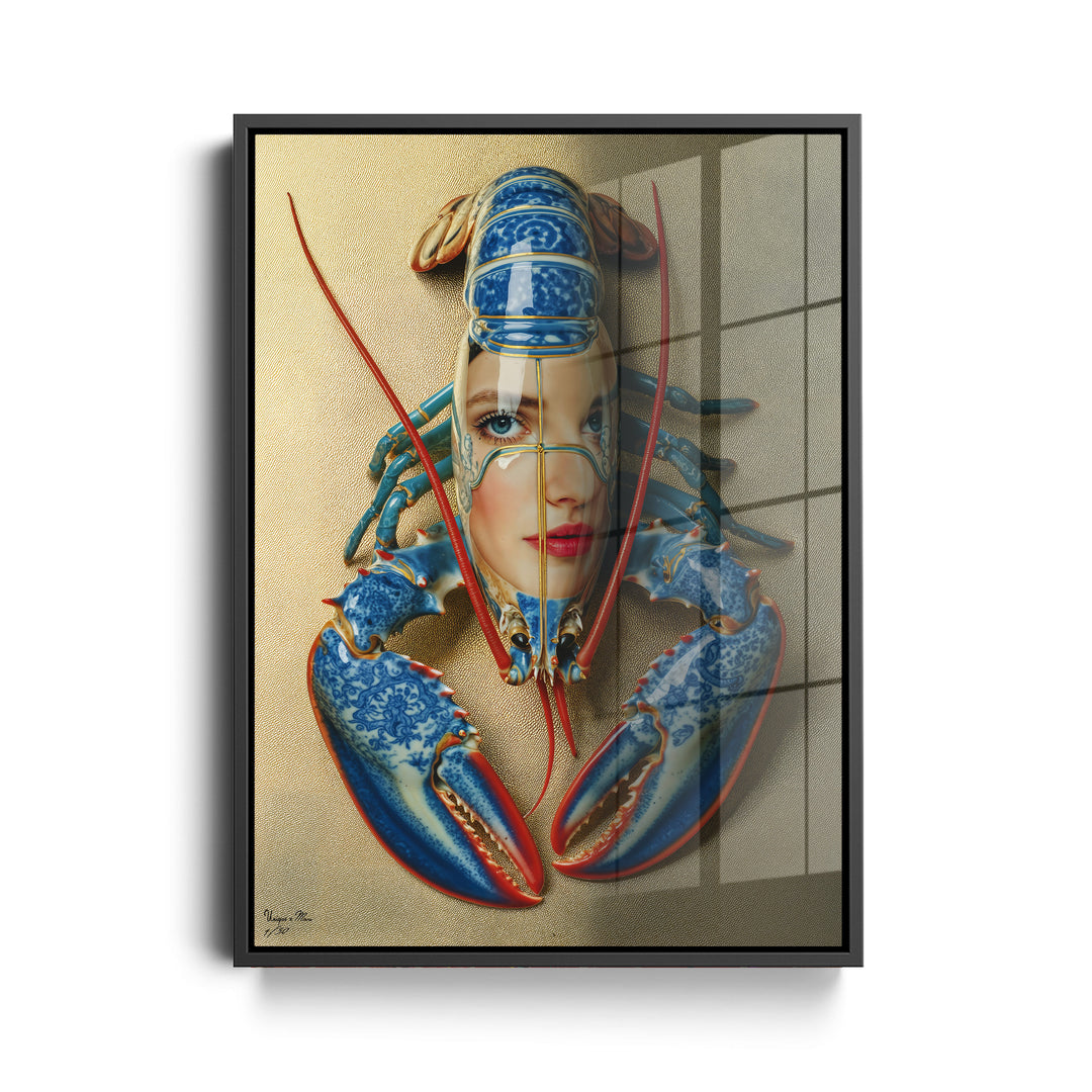 WANDBILD "Porzellan-Hummer mit künstlerischen Elementen und Gesicht – Delfter Blue Stil" – Acrylglas & Alu-Dibond | Exklusive Limitierte und Moderne Kunst | 1 von 50 Weltweit in Museumsqualität