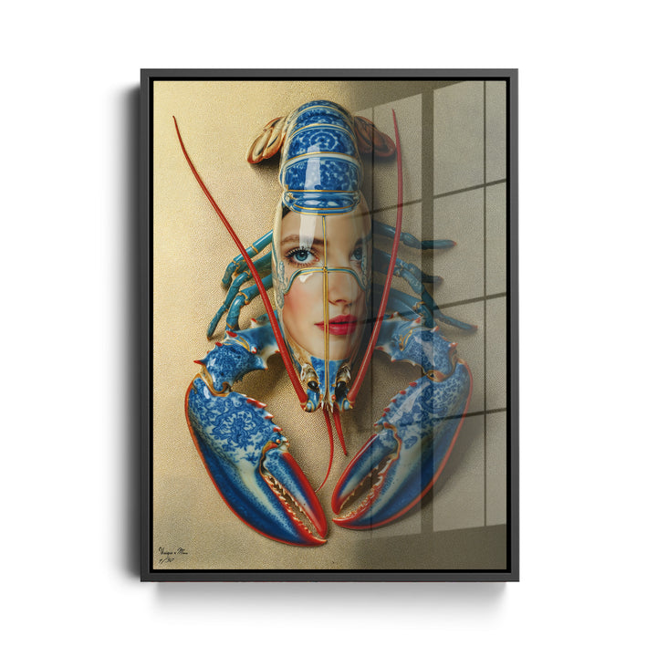 WANDBILD "Porzellan-Hummer mit künstlerischen Elementen und Gesicht – Delfter Blue Stil" – Acrylglas & Alu-Dibond | Exklusive Limitierte und Moderne Kunst | 1 von 50 Weltweit in Museumsqualität