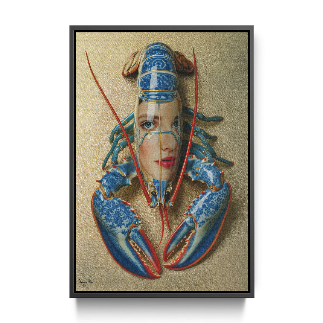 WANDBILD "Porzellan-Hummer mit künstlerischen Elementen und Gesicht – Delfter Blue Stil" – Acrylglas & Alu-Dibond | Exklusive Limitierte und Moderne Kunst | 1 von 50 Weltweit in Museumsqualität