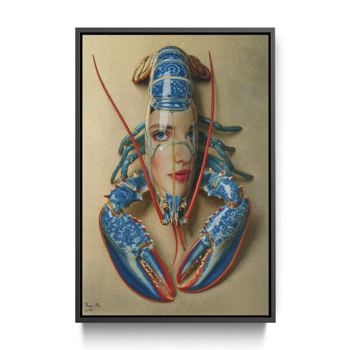 WANDBILD "Porzellan-Hummer mit künstlerischen Elementen und Gesicht – Delfter Blue Stil" – Acrylglas & Alu-Dibond | Exklusive Limitierte und Moderne Kunst | 1 von 50 Weltweit in Museumsqualität