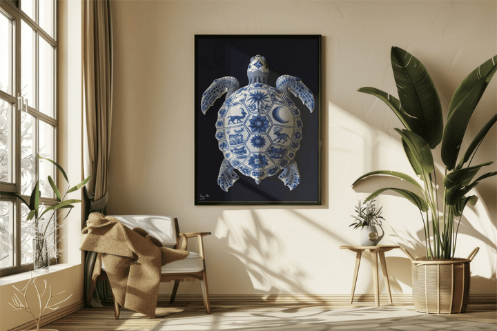 WANDBILD "Porzellan-Schildkröte mit kunstvollen Details – Delfter Blue Stil" – Acrylglas & Alu-Dibond | Exklusive Limitierte und Moderne Kunst | 1 von 50 Weltweit in Museumsqualität