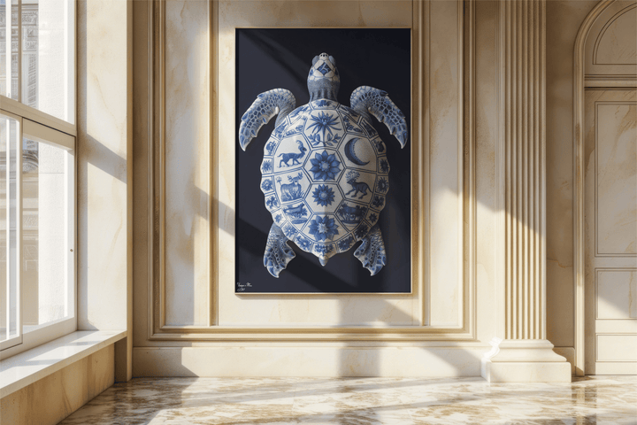 WANDBILD "Porzellan-Schildkröte mit kunstvollen Details – Delfter Blue Stil" – Acrylglas & Alu-Dibond | Exklusive Limitierte und Moderne Kunst | 1 von 50 Weltweit in Museumsqualität