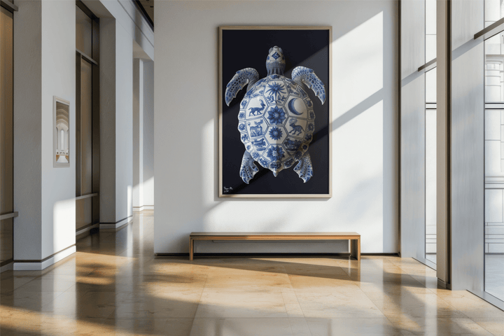 WANDBILD "Porzellan-Schildkröte mit kunstvollen Details – Delfter Blue Stil" – Acrylglas & Alu-Dibond | Exklusive Limitierte und Moderne Kunst | 1 von 50 Weltweit in Museumsqualität