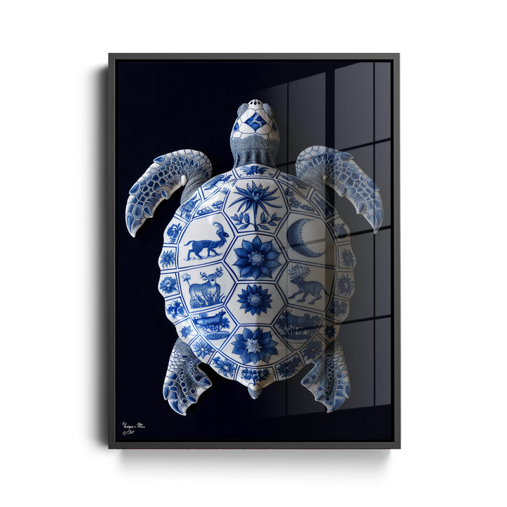 WANDBILD "Porzellan-Schildkröte mit kunstvollen Details – Delfter Blue Stil" – Acrylglas & Alu-Dibond | Exklusive Limitierte und Moderne Kunst | 1 von 50 Weltweit in Museumsqualität