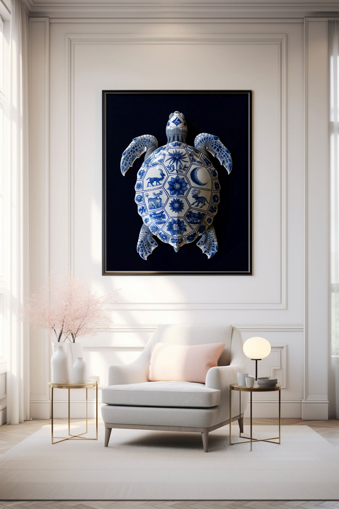 WANDBILD "Porzellan-Schildkröte mit kunstvollen Details – Delfter Blue Stil" – Acrylglas & Alu-Dibond | Exklusive Limitierte und Moderne Kunst | 1 von 50 Weltweit in Museumsqualität