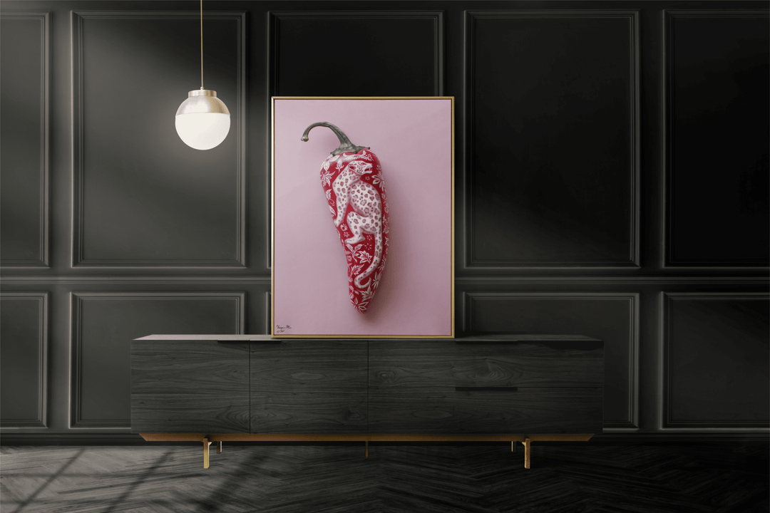WANDBILD "Porzellan-Chili mit Leopardenmotiv – Delfter Blue Stil" – Acrylglas & Alu-Dibond | Exklusive Limitierte und Moderne Kunst | 1 von 50 Weltweit in Museumsqualität