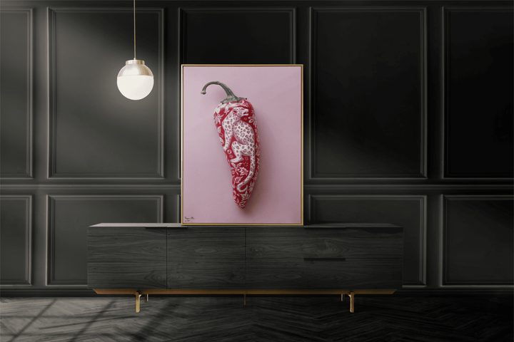WANDBILD "Porzellan-Chili mit Leopardenmotiv – Delfter Blue Stil" – Acrylglas & Alu-Dibond | Exklusive Limitierte und Moderne Kunst | 1 von 50 Weltweit in Museumsqualität