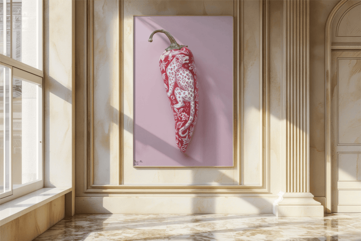 WANDBILD "Porzellan-Chili mit Leopardenmotiv – Delfter Blue Stil" – Acrylglas & Alu-Dibond | Exklusive Limitierte und Moderne Kunst | 1 von 50 Weltweit in Museumsqualität