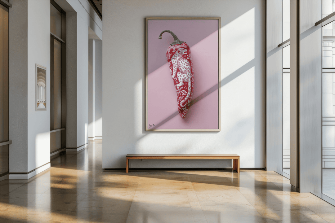 WANDBILD "Porzellan-Chili mit Leopardenmotiv – Delfter Blue Stil" – Acrylglas & Alu-Dibond | Exklusive Limitierte und Moderne Kunst | 1 von 50 Weltweit in Museumsqualität