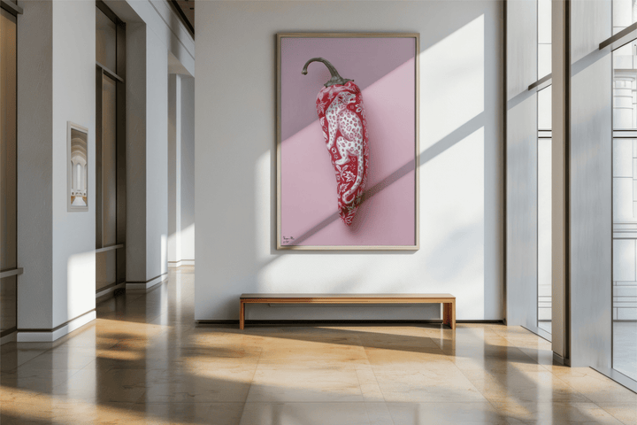 WANDBILD "Porzellan-Chili mit Leopardenmotiv – Delfter Blue Stil" – Acrylglas & Alu-Dibond | Exklusive Limitierte und Moderne Kunst | 1 von 50 Weltweit in Museumsqualität