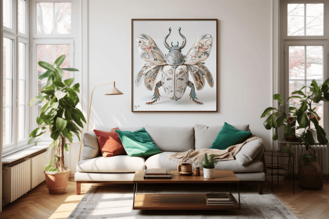 WANDBILD "Porzellan-Käfer mit floralen Flügeln – Delfter Blue Stil" – Acrylglas & Alu-Dibond | Exklusive Limitierte und Moderne Kunst | 1 von 50 Weltweit in Museumsqualität