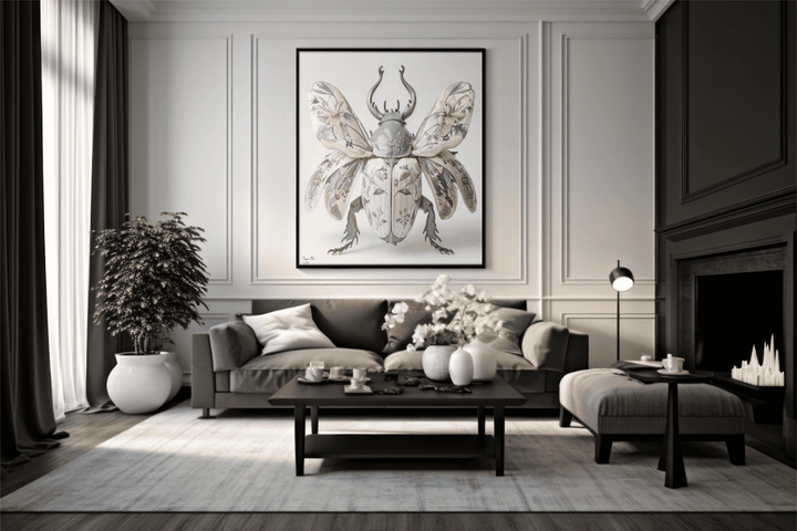 WANDBILD "Porzellan-Käfer mit floralen Flügeln – Delfter Blue Stil" – Acrylglas & Alu-Dibond | Exklusive Limitierte und Moderne Kunst | 1 von 50 Weltweit in Museumsqualität