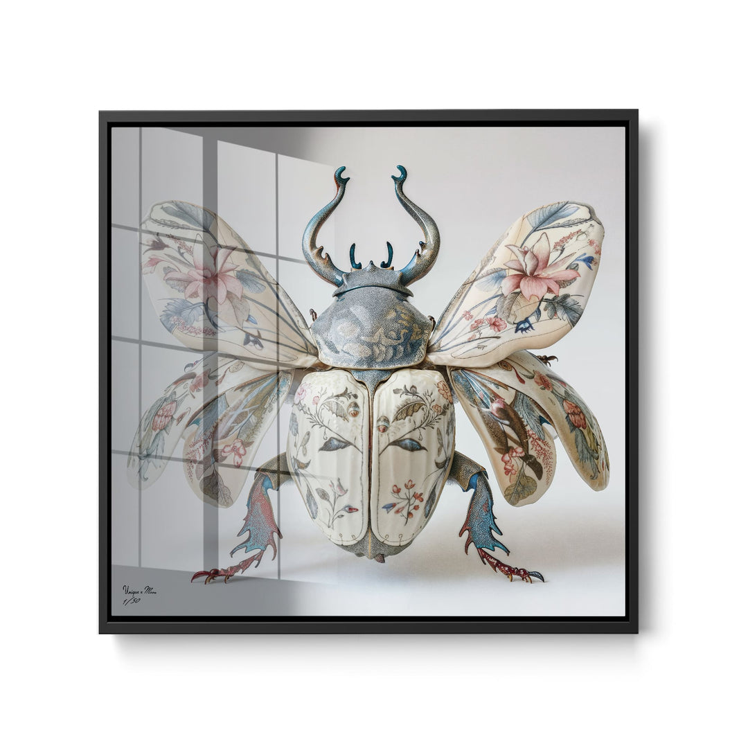 WANDBILD "Porzellan-Käfer mit floralen Flügeln – Delfter Blue Stil" – Acrylglas & Alu-Dibond | Exklusive Limitierte und Moderne Kunst | 1 von 50 Weltweit in Museumsqualität