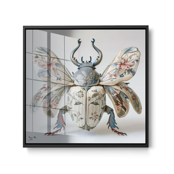 WANDBILD "Porzellan-Käfer mit floralen Flügeln – Delfter Blue Stil" – Acrylglas & Alu-Dibond | Exklusive Limitierte und Moderne Kunst | 1 von 50 Weltweit in Museumsqualität