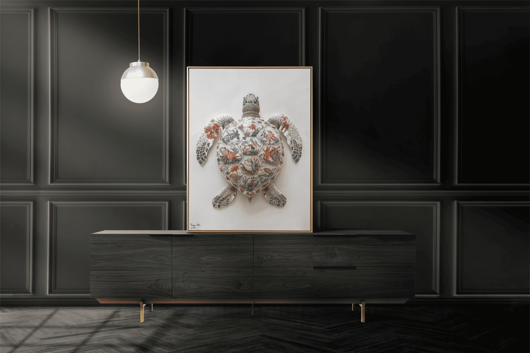 WANDBILD "Porzellan-Schildkröte mit detailreichen Motiven – Delfter Blue Stil" – Acrylglas & Alu-Dibond | Exklusive Limitierte und Moderne Kunst | 1 von 50 Weltweit in Museumsqualität