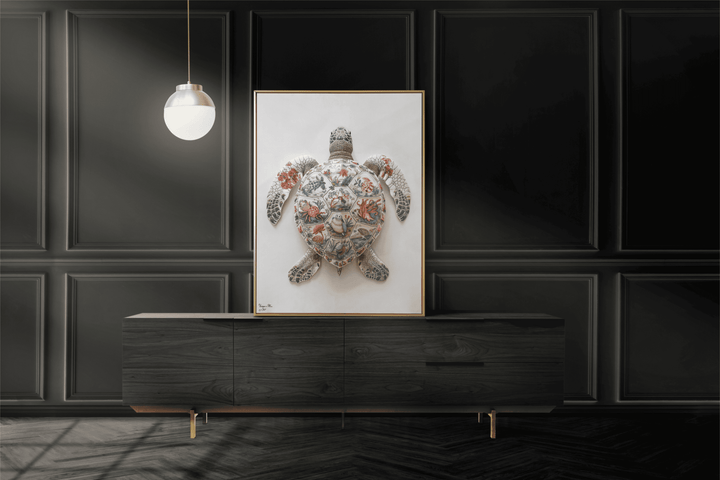WANDBILD "Porzellan-Schildkröte mit detailreichen Motiven – Delfter Blue Stil" – Acrylglas & Alu-Dibond | Exklusive Limitierte und Moderne Kunst | 1 von 50 Weltweit in Museumsqualität