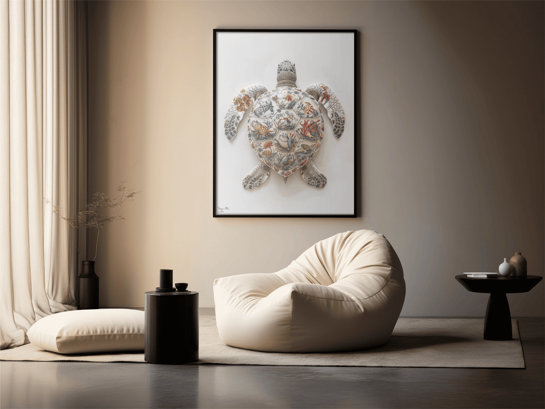 WANDBILD "Porzellan-Schildkröte mit detailreichen Motiven – Delfter Blue Stil" – Acrylglas & Alu-Dibond | Exklusive Limitierte und Moderne Kunst | 1 von 50 Weltweit in Museumsqualität