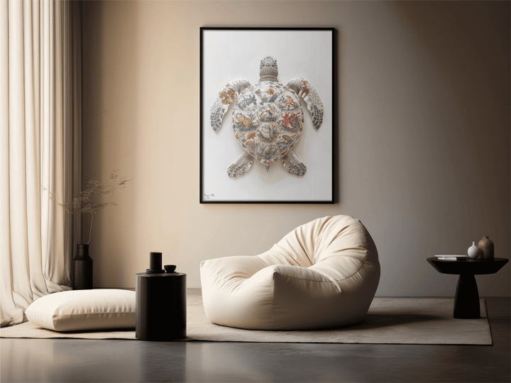 WANDBILD "Porzellan-Schildkröte mit detailreichen Motiven – Delfter Blue Stil" – Acrylglas & Alu-Dibond | Exklusive Limitierte und Moderne Kunst | 1 von 50 Weltweit in Museumsqualität