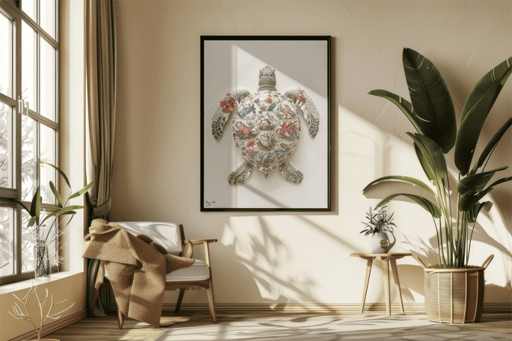WANDBILD "Porzellan-Schildkröte mit detailreichen Motiven – Delfter Blue Stil" – Acrylglas & Alu-Dibond | Exklusive Limitierte und Moderne Kunst | 1 von 50 Weltweit in Museumsqualität