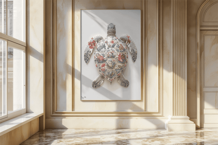 WANDBILD "Porzellan-Schildkröte mit detailreichen Motiven – Delfter Blue Stil" – Acrylglas & Alu-Dibond | Exklusive Limitierte und Moderne Kunst | 1 von 50 Weltweit in Museumsqualität