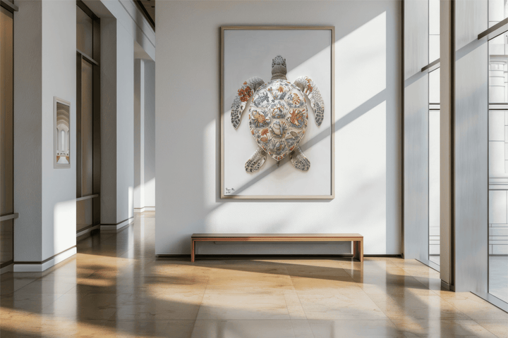 WANDBILD "Porzellan-Schildkröte mit detailreichen Motiven – Delfter Blue Stil" – Acrylglas & Alu-Dibond | Exklusive Limitierte und Moderne Kunst | 1 von 50 Weltweit in Museumsqualität