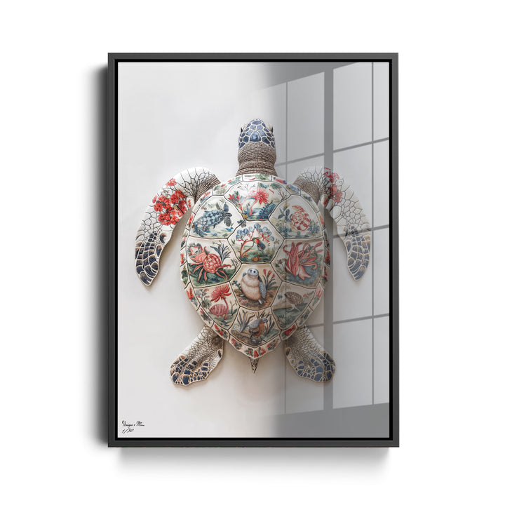 WANDBILD "Porzellan-Schildkröte mit detailreichen Motiven – Delfter Blue Stil" – Acrylglas & Alu-Dibond | Exklusive Limitierte und Moderne Kunst | 1 von 50 Weltweit in Museumsqualität