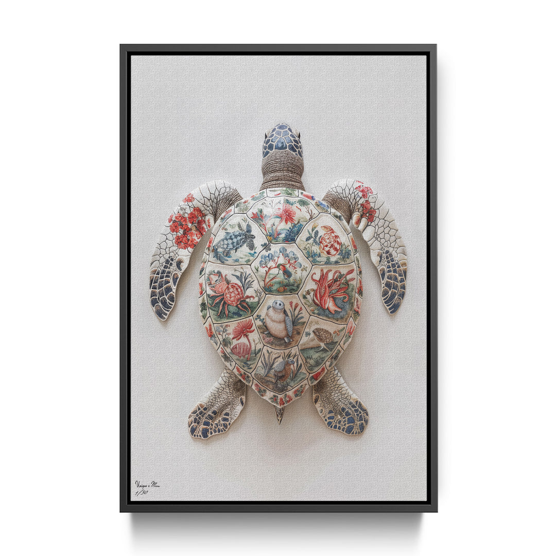WANDBILD "Porzellan-Schildkröte mit detailreichen Motiven – Delfter Blue Stil" – Acrylglas & Alu-Dibond | Exklusive Limitierte und Moderne Kunst | 1 von 50 Weltweit in Museumsqualität