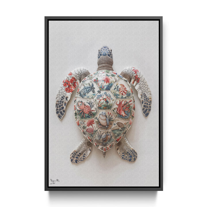 WANDBILD "Porzellan-Schildkröte mit detailreichen Motiven – Delfter Blue Stil" – Acrylglas & Alu-Dibond | Exklusive Limitierte und Moderne Kunst | 1 von 50 Weltweit in Museumsqualität