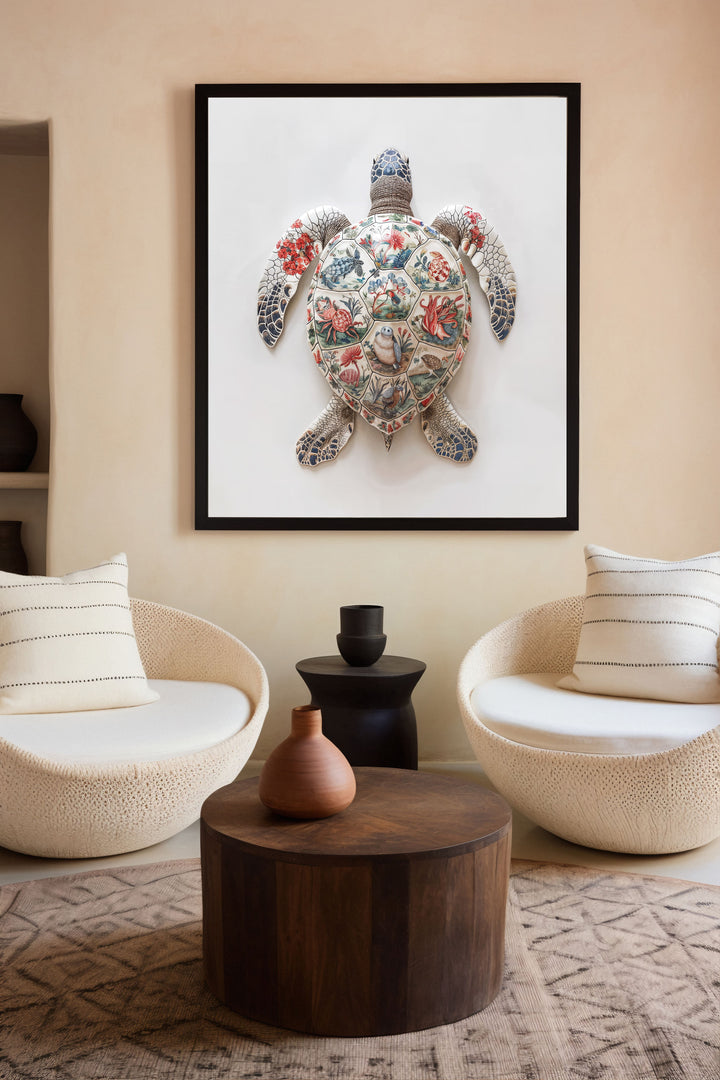WANDBILD "Porzellan-Schildkröte mit detailreichen Motiven – Delfter Blue Stil" – Acrylglas & Alu-Dibond | Exklusive Limitierte und Moderne Kunst | 1 von 50 Weltweit in Museumsqualität