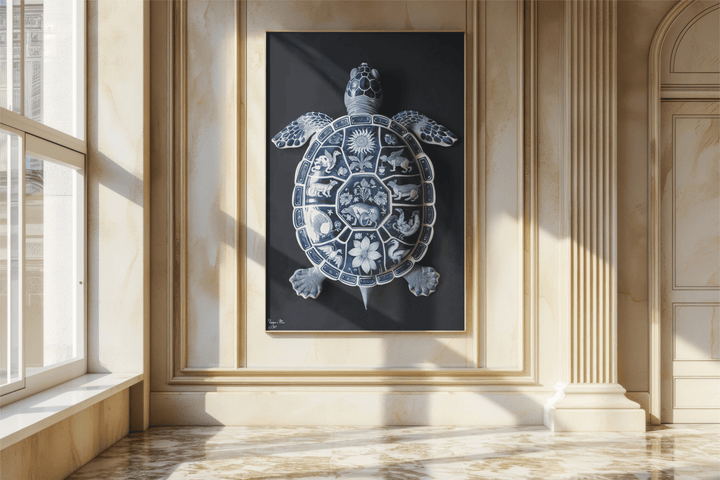 WANDBILD "Nachtschatten-Schildkröte mit himmlischen Motiven – Delfter Blue Stil" – Acrylglas & Alu-Dibond | Exklusive Limitierte und Moderne Kunst | 1 von 50 Weltweit in Museumsqualität