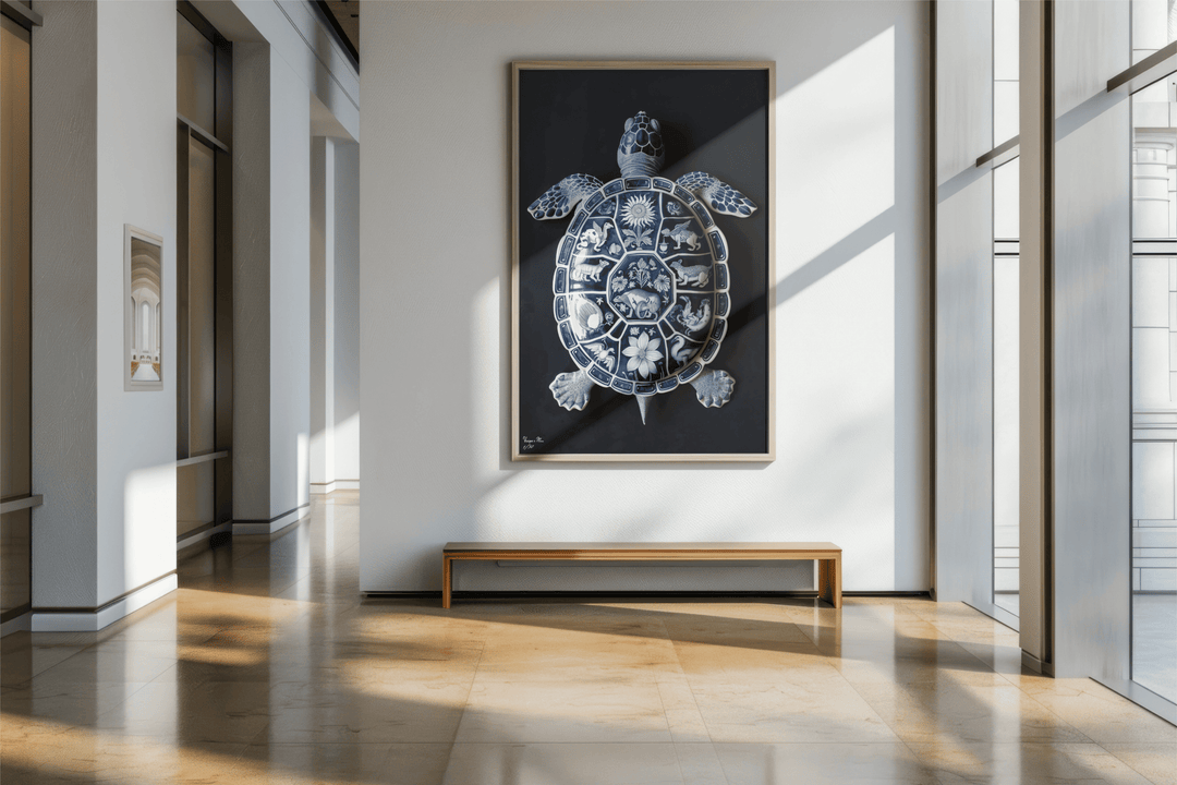 WANDBILD "Nachtschatten-Schildkröte mit himmlischen Motiven – Delfter Blue Stil" – Acrylglas & Alu-Dibond | Exklusive Limitierte und Moderne Kunst | 1 von 50 Weltweit in Museumsqualität