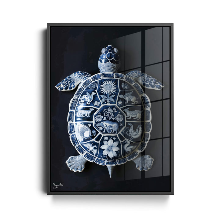 WANDBILD "Nachtschatten-Schildkröte mit himmlischen Motiven – Delfter Blue Stil" – Acrylglas & Alu-Dibond | Exklusive Limitierte und Moderne Kunst | 1 von 50 Weltweit in Museumsqualität