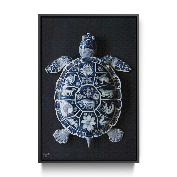 WANDBILD "Nachtschatten-Schildkröte mit himmlischen Motiven – Delfter Blue Stil" – Acrylglas & Alu-Dibond | Exklusive Limitierte und Moderne Kunst | 1 von 50 Weltweit in Museumsqualität