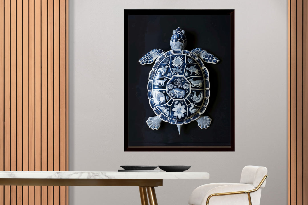 WANDBILD "Nachtschatten-Schildkröte mit himmlischen Motiven – Delfter Blue Stil" – Acrylglas & Alu-Dibond | Exklusive Limitierte und Moderne Kunst | 1 von 50 Weltweit in Museumsqualität