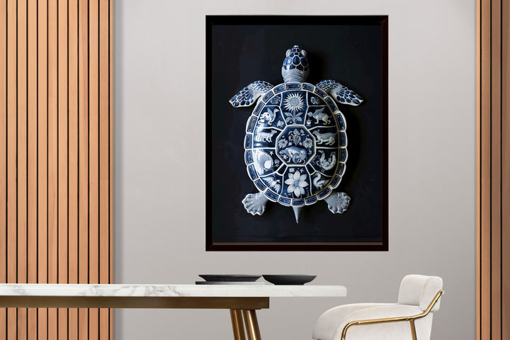 WANDBILD "Nachtschatten-Schildkröte mit himmlischen Motiven – Delfter Blue Stil" – Acrylglas & Alu-Dibond | Exklusive Limitierte und Moderne Kunst | 1 von 50 Weltweit in Museumsqualität