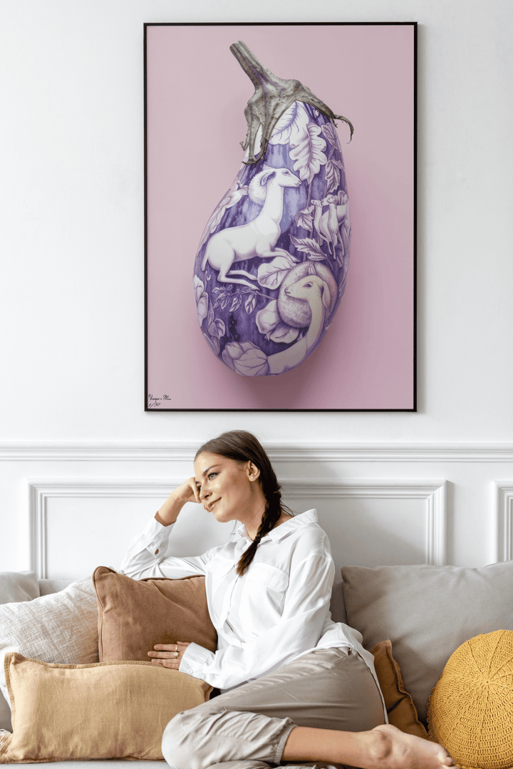 WANDBILD "Aubergine der Fantasie mit mystischen Motiven – Delfter Blue Stil" – Acrylglas & Alu-Dibond | Exklusive Limitierte und Moderne Kunst | 1 von 50 Weltweit in Museumsqualität