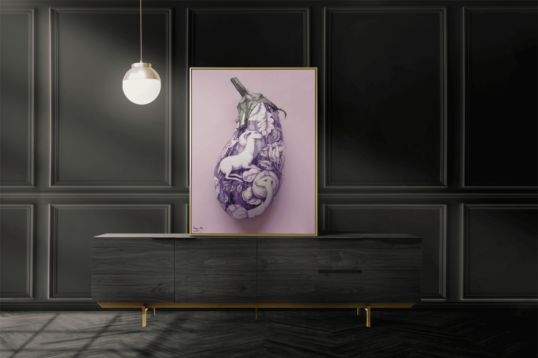 WANDBILD "Aubergine der Fantasie mit mystischen Motiven – Delfter Blue Stil" – Acrylglas & Alu-Dibond | Exklusive Limitierte und Moderne Kunst | 1 von 50 Weltweit in Museumsqualität