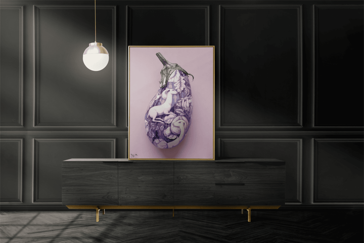 WANDBILD "Aubergine der Fantasie mit mystischen Motiven – Delfter Blue Stil" – Acrylglas & Alu-Dibond | Exklusive Limitierte und Moderne Kunst | 1 von 50 Weltweit in Museumsqualität