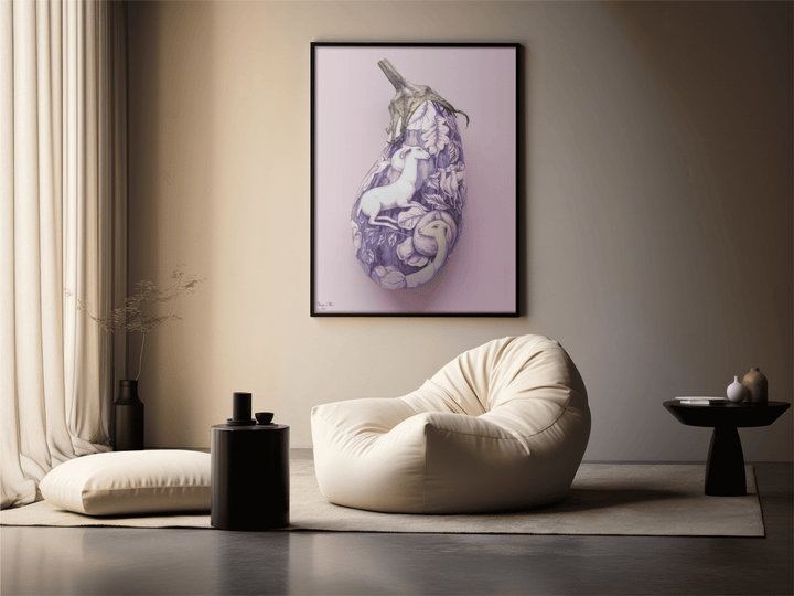 WANDBILD "Aubergine der Fantasie mit mystischen Motiven – Delfter Blue Stil" – Acrylglas & Alu-Dibond | Exklusive Limitierte und Moderne Kunst | 1 von 50 Weltweit in Museumsqualität