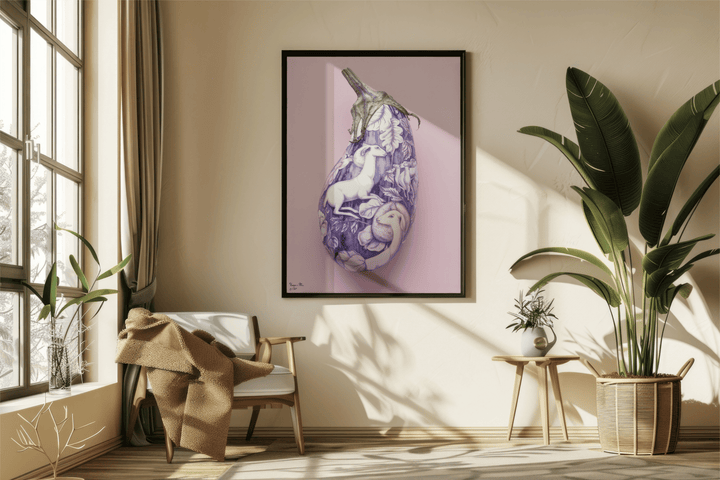 WANDBILD "Aubergine der Fantasie mit mystischen Motiven – Delfter Blue Stil" – Acrylglas & Alu-Dibond | Exklusive Limitierte und Moderne Kunst | 1 von 50 Weltweit in Museumsqualität