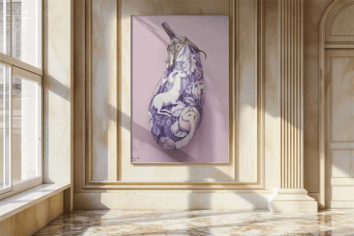 WANDBILD "Aubergine der Fantasie mit mystischen Motiven – Delfter Blue Stil" – Acrylglas & Alu-Dibond | Exklusive Limitierte und Moderne Kunst | 1 von 50 Weltweit in Museumsqualität