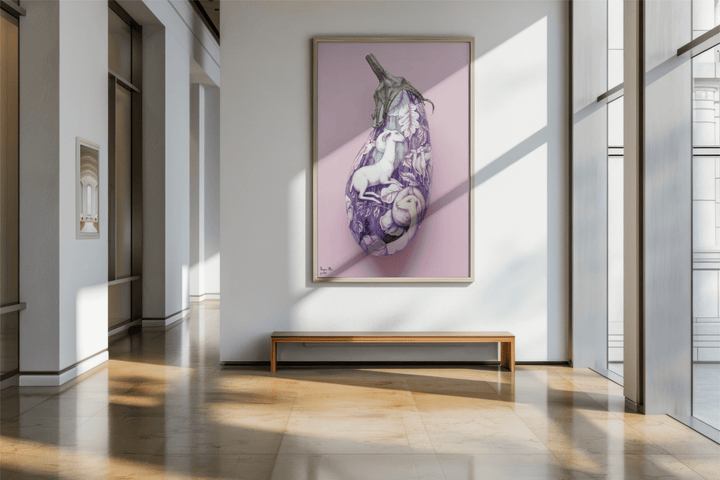 WANDBILD "Aubergine der Fantasie mit mystischen Motiven – Delfter Blue Stil" – Acrylglas & Alu-Dibond | Exklusive Limitierte und Moderne Kunst | 1 von 50 Weltweit in Museumsqualität