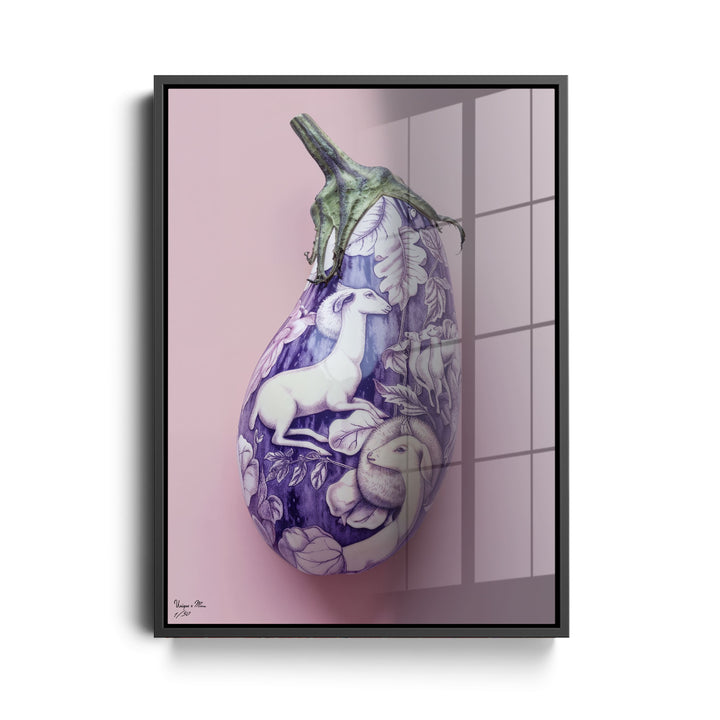 WANDBILD "Aubergine der Fantasie mit mystischen Motiven – Delfter Blue Stil" – Acrylglas & Alu-Dibond | Exklusive Limitierte und Moderne Kunst | 1 von 50 Weltweit in Museumsqualität