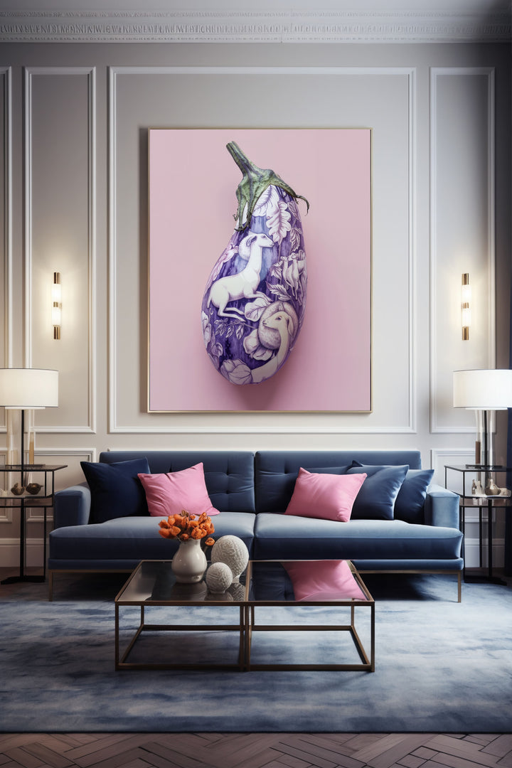 WANDBILD "Aubergine der Fantasie mit mystischen Motiven – Delfter Blue Stil" – Acrylglas & Alu-Dibond | Exklusive Limitierte und Moderne Kunst | 1 von 50 Weltweit in Museumsqualität