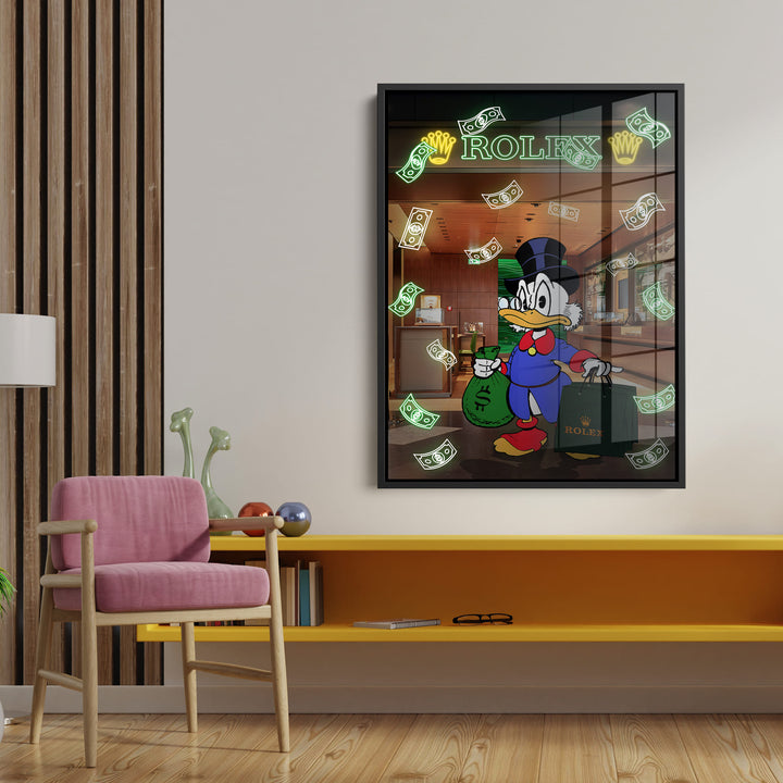WANDBILD „Onkel Dagobert im Rolex-Shop“ – Acrylglas & Alu-Dibond | Exklusive und Moderne Pop-Art in Museumsqualität